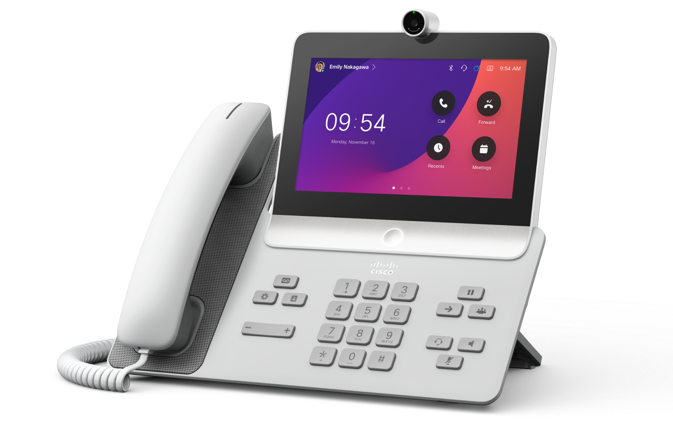 The Cisco Video Phone 8875 in the First Light color (white). Screen shows time of 9:54 and apps like Meetings and Call.